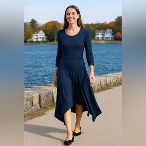 Y2K Navy Ruched Asym Hem Midi Dress Academia Clean Girl Quiet Luxury Minimal‎ M